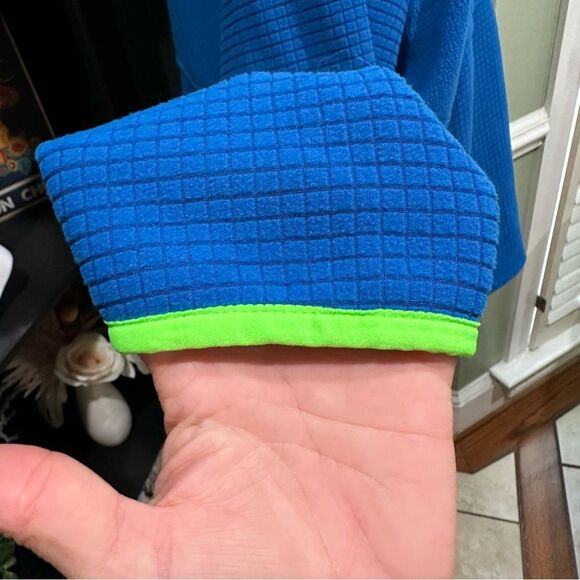 Lands’ End Full Zip Grid Fleece Jacket – Blue with Neon Green Trim, Size L - Picture 8 of 12